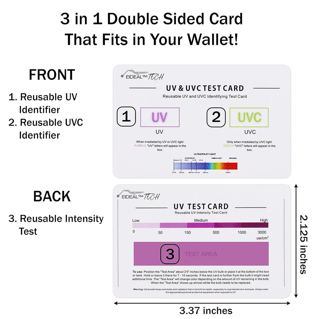 EIDEAL™ | UV & UVC Test Card & UV Intensity Test Card | 3-in-1 UV Test Card | UVA & UVC Light Identifying Card | UV Bulb & LED Intensity Reading Card | UV Dosage Indicator Card | UVB Tester
