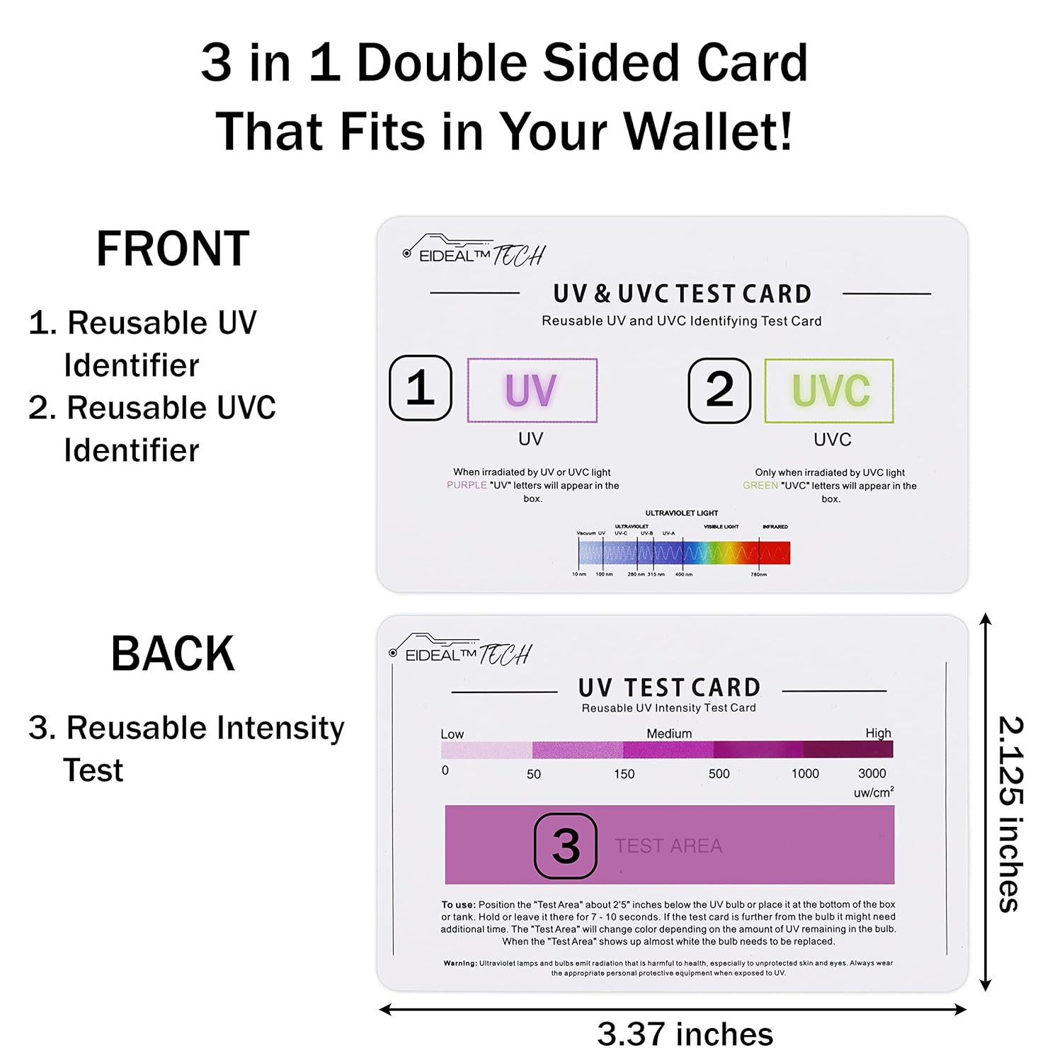EIDEAL™ | UV & UVC Test Card & UV Intensity Test Card | 3-in-1 UV Test Card | UVA & UVC Light Identifying Card | UV Bulb & LED Intensity Reading Card | UV Dosage Indicator Card | UVB Tester