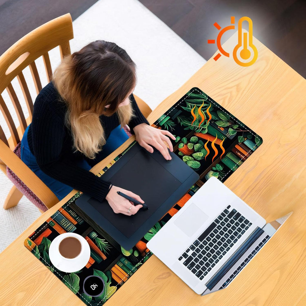 Heated Mouse Pad 31.5x13 in 3-Temp Fast Heating Desk Mat with Auto Timer Warmer for Hands Wrist Pain Relief Waterproof Keyboard Mat for Office, Gaming, Home, Bookshelf Jungle