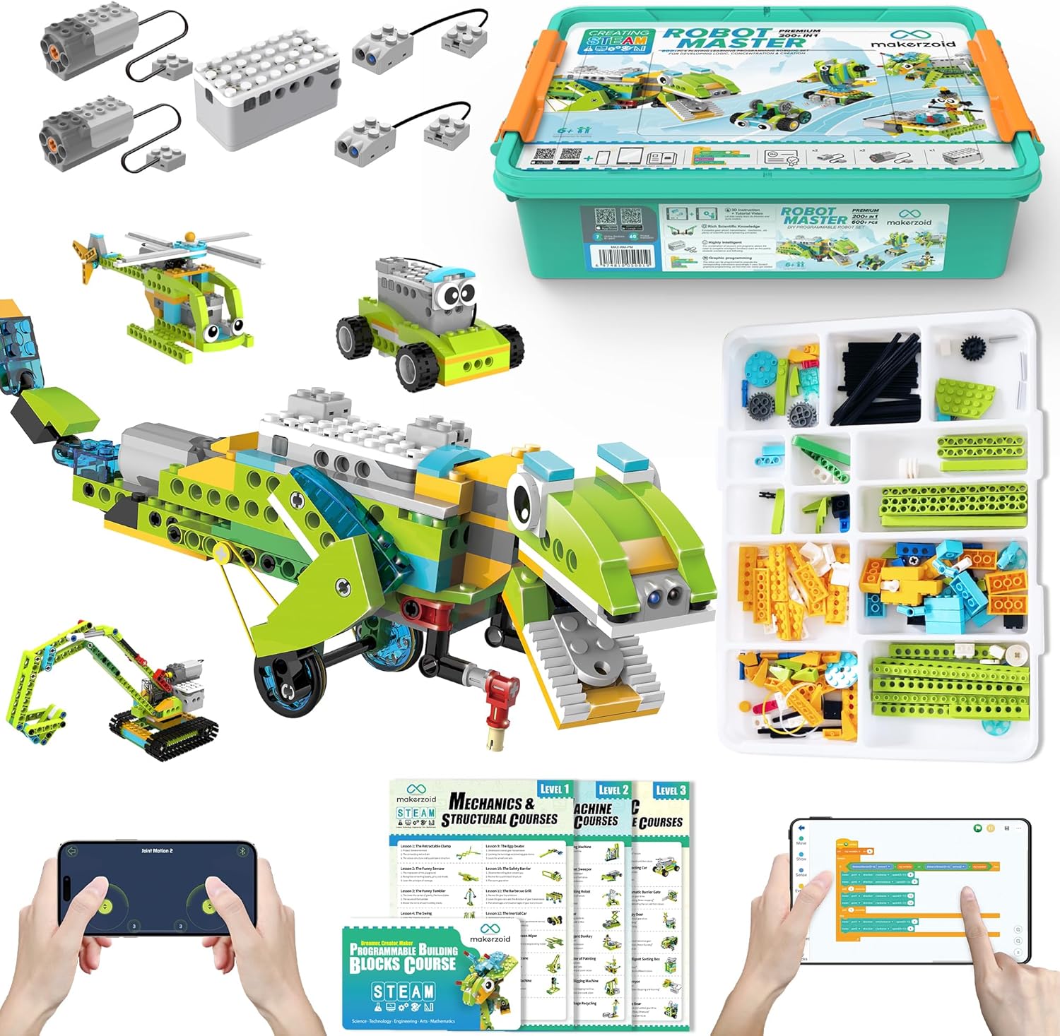 makerzoid Coding Robot Kit for Kids Ages 6+, 200+ in 1 APP Control Dinosaur Robot Toy, Educational Scratch Program Robotic Kit with 47 Video Courses, Toy for Boys Girls(600 Blocks)
