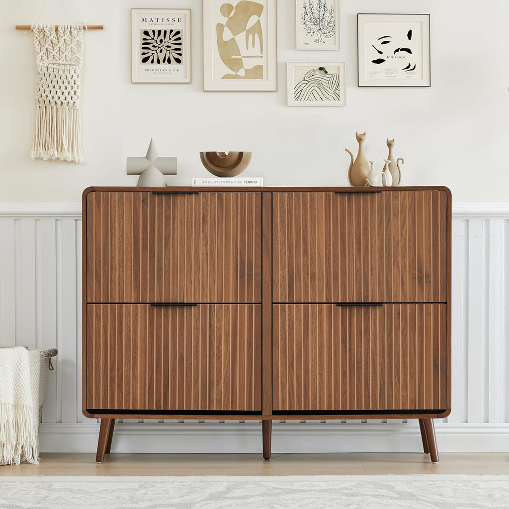 47" Fluted Large Shoe Cabinet with 4 Flip Drawers, Slim Freestanding Shoe Cabinet Organizer, Narrow Shoes Storage Rack for Entryway, 5 Sturdy Legs (All Walnut, 9.45" D x 47.24" W x 35.83" H)