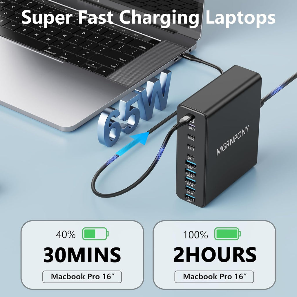 320W USB C Charger Block, 10-Port USB C Charging Station GaN III PD 65W Laptop Fast Charger Adapter for MacBook Pro/Air, DELL, iPad, iPhone, Samsung Galaxy Black