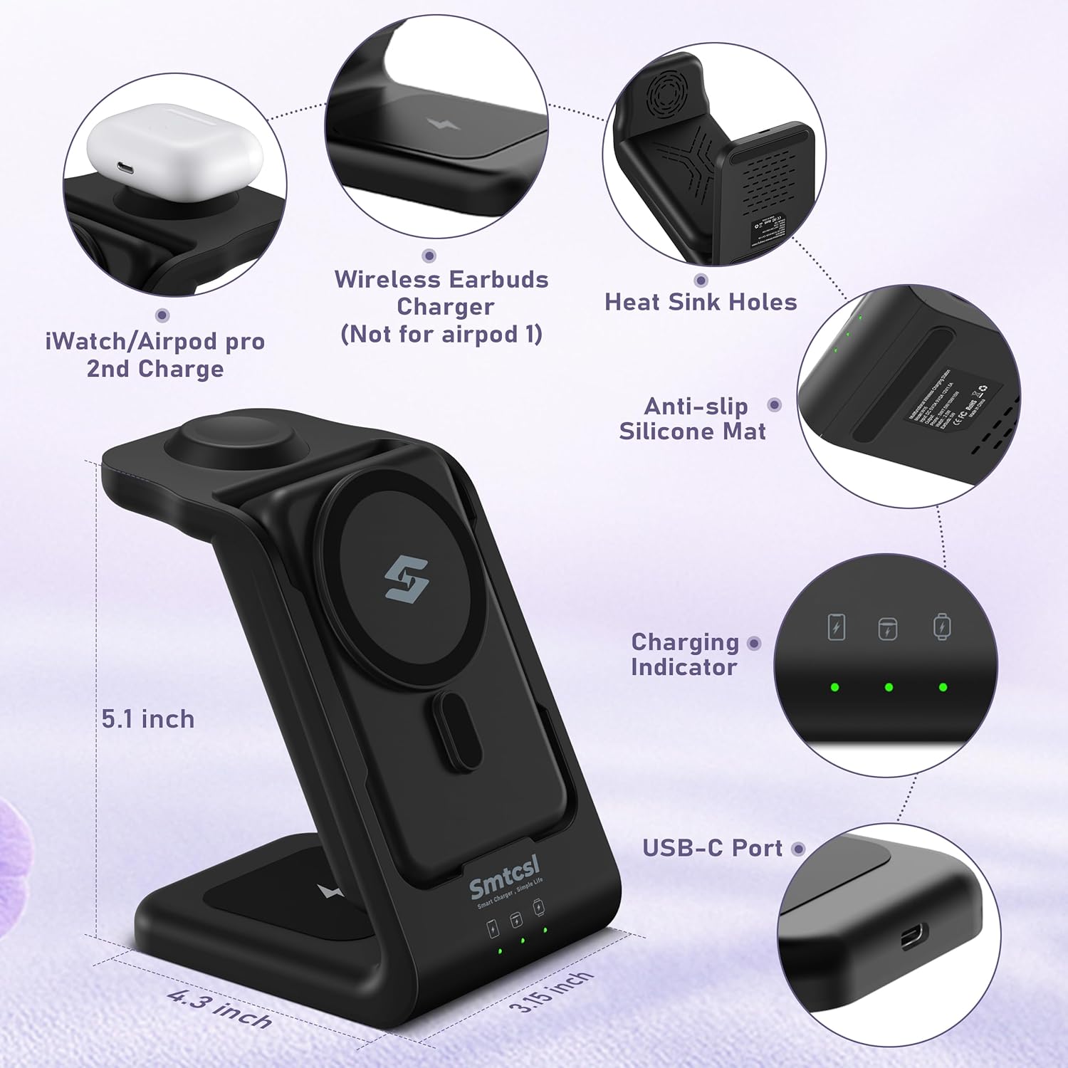 3 in 1 Wireless Charging Station: 10000mAh Removable Power Bank Charger Stand for Phone/Watch/Air Pods - Portable Magnetic Battery Pack for Air 17 16 15 14 13 12 Series