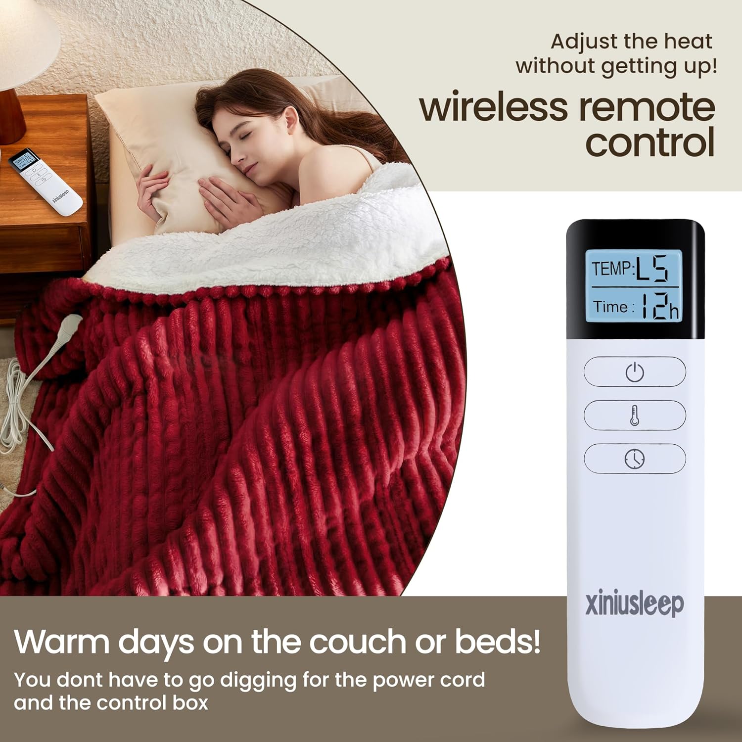 Heated Blanket Electric Blanket 62"x84", Soft Flannel Sherpa Electric Throw with 5 Heating Level & 12 Times Setting, Heated Throw with Overheating Protection, Machine Washable (Red)