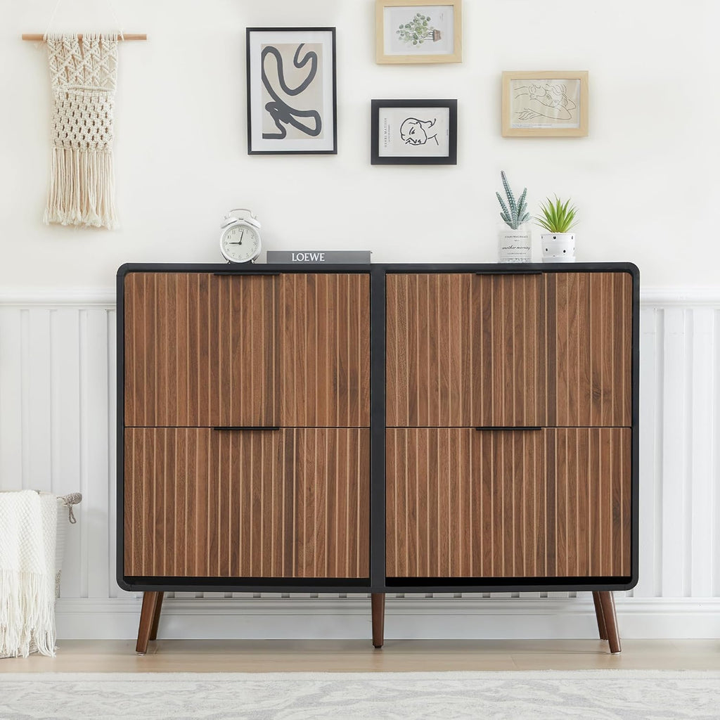 47" Fluted Large Shoe Cabinet with 4 Flip Drawers, Slim Freestanding Shoe Cabinet Organizer, Narrow Shoes Storage Rack for Entryway, 5 Sturdy Legs (Walnut with black, 9.45"D x 47.24"W x 35.83"H)