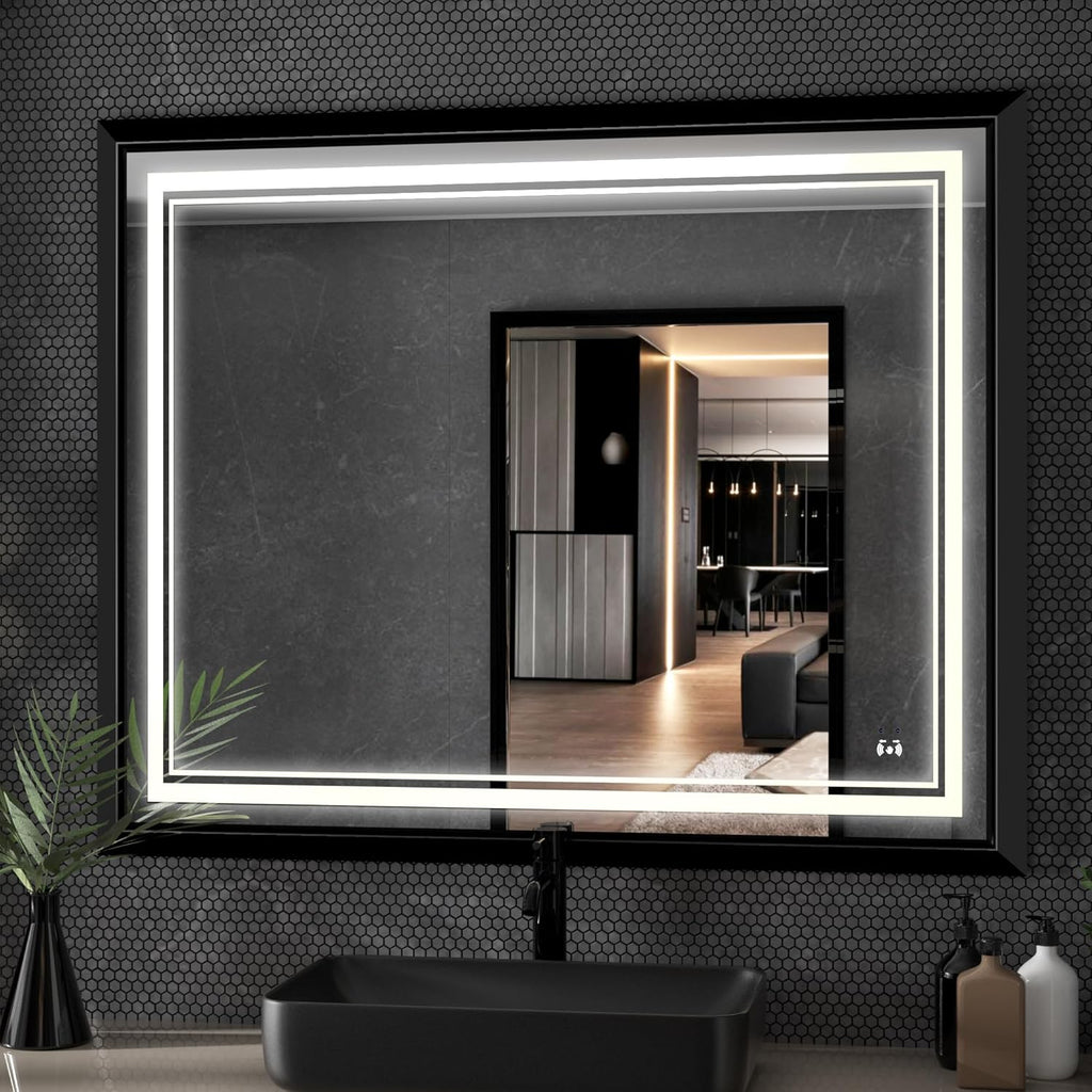LED Bathroom Mirror: 40x32 Inch LED Bathroom Vanity Mirror - Black Framed Lighted Mirror for Bathroom Anti-Fog Gesture Control Dimmable Memory Function Tempered Glass