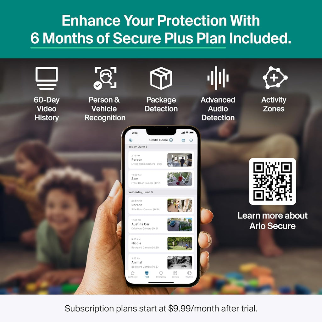 Arlo Essential Pan Tilt Security Camera 2K + 6 Months of Secure Plus Plan - Wired Plug-in Power Outdoor Camera, Person Recognition, Package Detection, Animated Preview, Auto Motion Tracking, 2 Cam