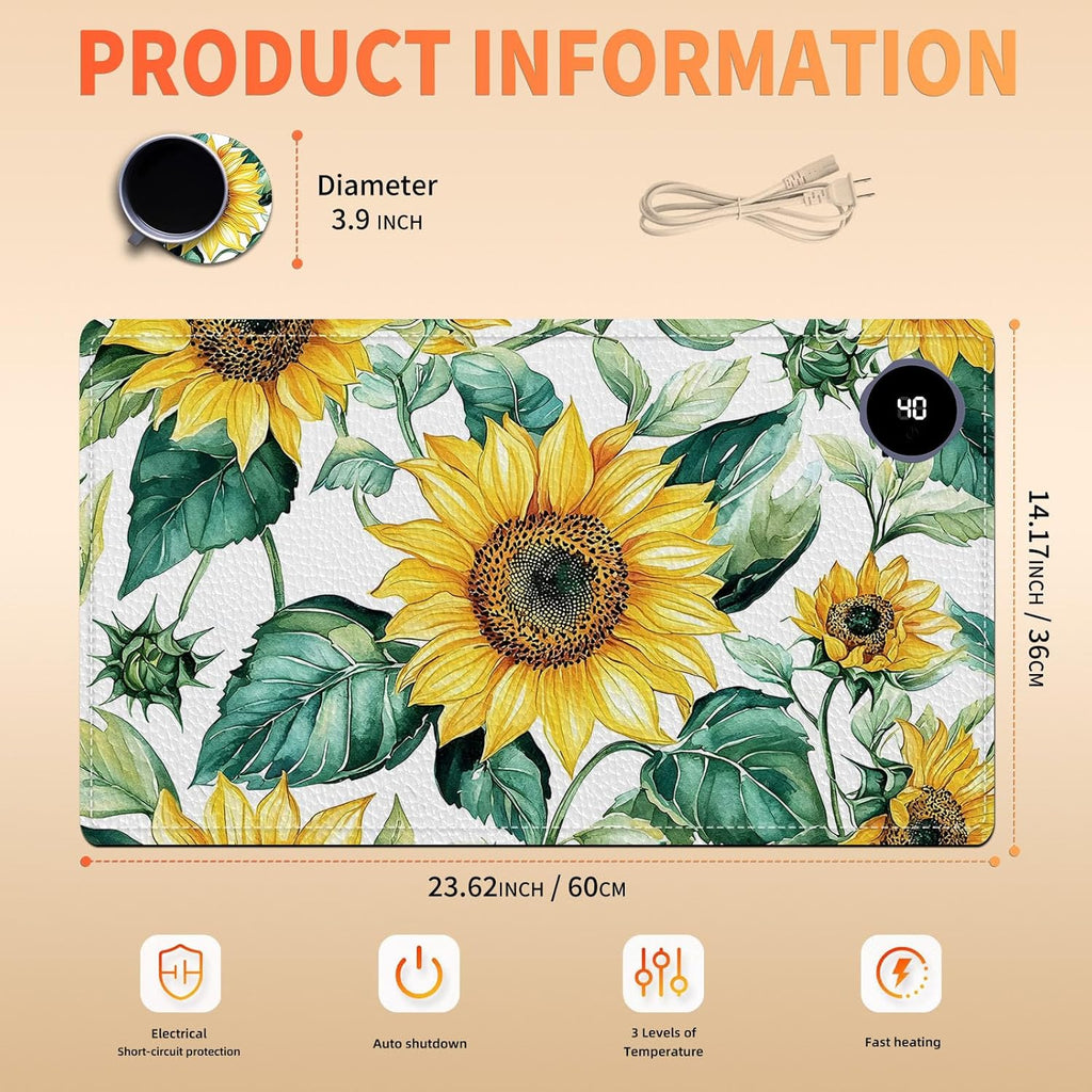Heated Mouse Pad, Warm Desk Pad, Keyboard Mat 23.6 x 14 Inch Large Size Intelligent Fast Heating, 3 Speed Adjustable, Timed Auto Power Off for Game Office Home, Blooming Sunflowers