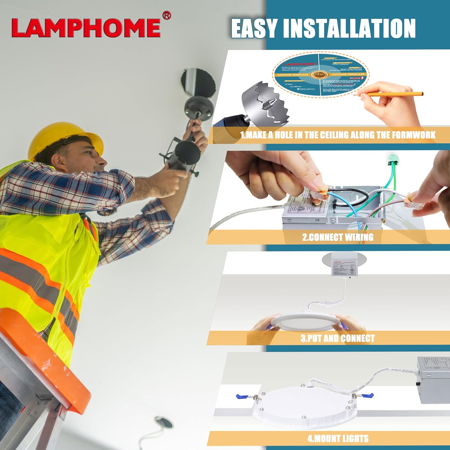 LAMPHOME 1-Pack of 8-Inch Slim LED Recessed Lights with Junction Box, Adjustable Color Temperatures (2700K-5000K), 18W Equivalent to 125W, Dimmable, 1600LM Brightness - ETL and Energy Star Certified