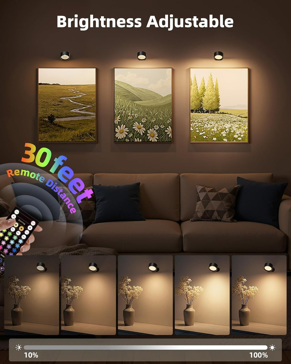 Wall Mounted Lights, 3 Pack Rechargeable RGB Color Changing Light, 3 Color Temps & Remote and Touch, 360°Rotation Dimmable Cordless for Study Bedroom Reading Bedside (Black)