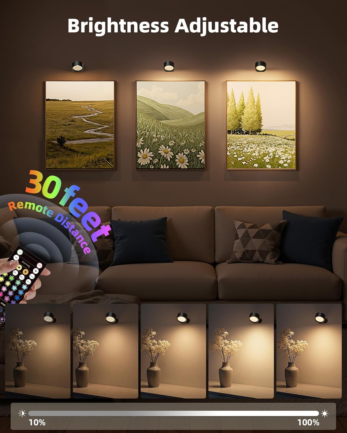 Wall Mounted Lights, 3 Pack Rechargeable RGB Color Changing Light, 3 Color Temps & Remote and Touch, 360°Rotation Dimmable Cordless for Study Bedroom Reading Bedside (Black)