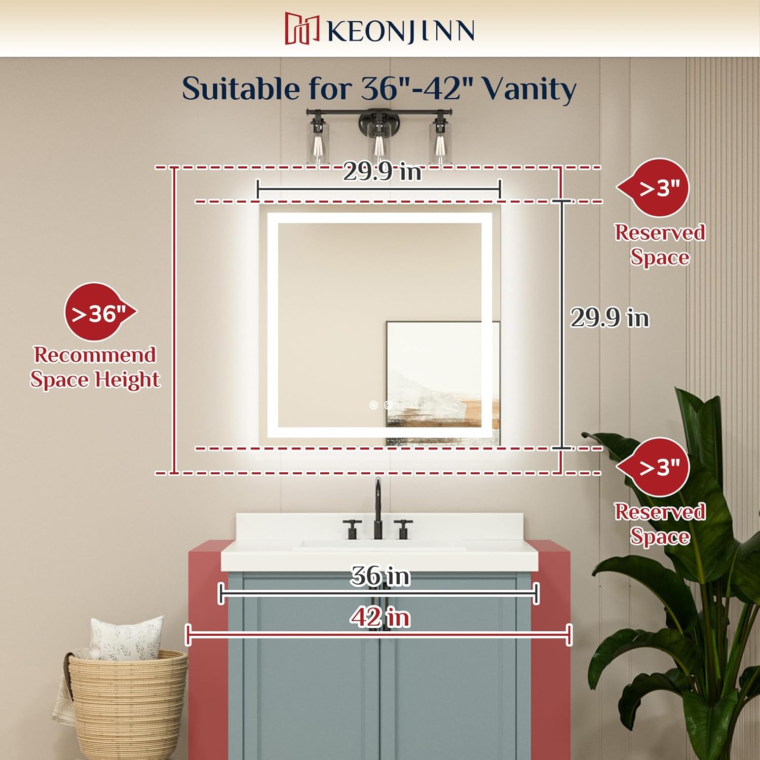 Keonjinn LED Bathroom Mirror 30 ” x 30 ” with Frontlit & Backlit, Lighted Mirror for Bathroom Wall with Dimmable 3-Color Lights, Anti-Fog Mirror with HD Tempered Glass, UL-Listed LED Driver