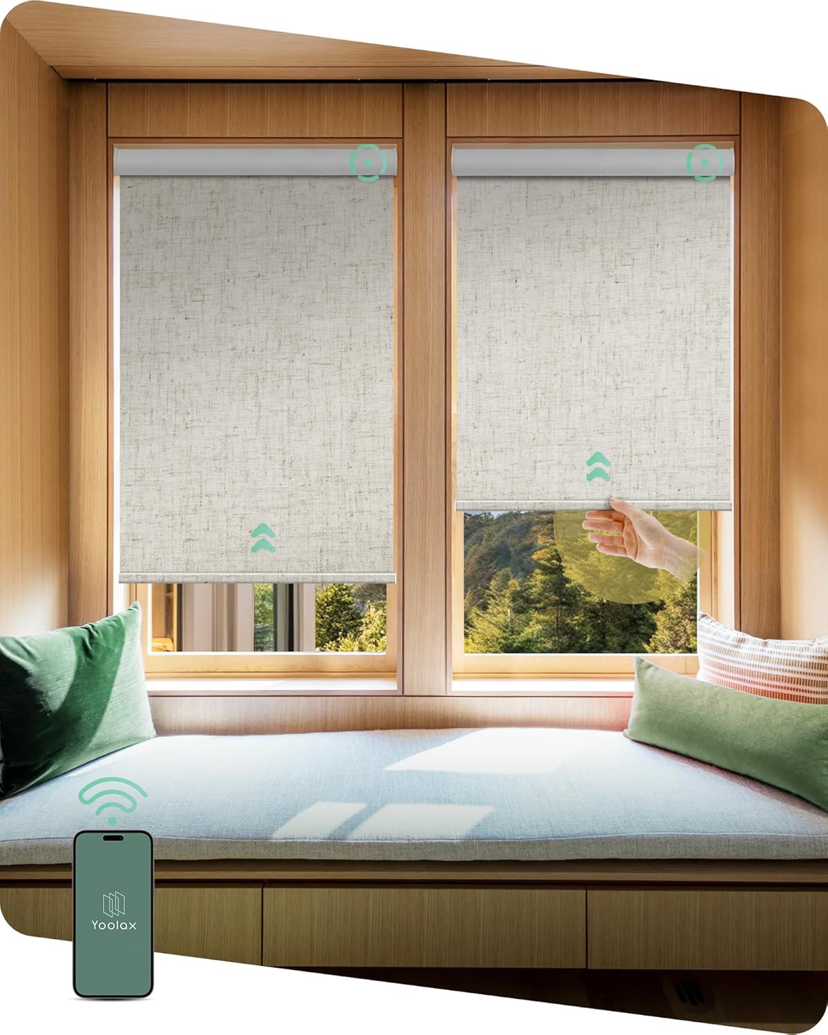 Yoolax Motorized Shades Dual Control, MotionFlex Motorized Roller Shades with App & Manual Control, Pull Down Automatic Shades for Indoor Windows, Custom Size(Blackout Linen Beige)