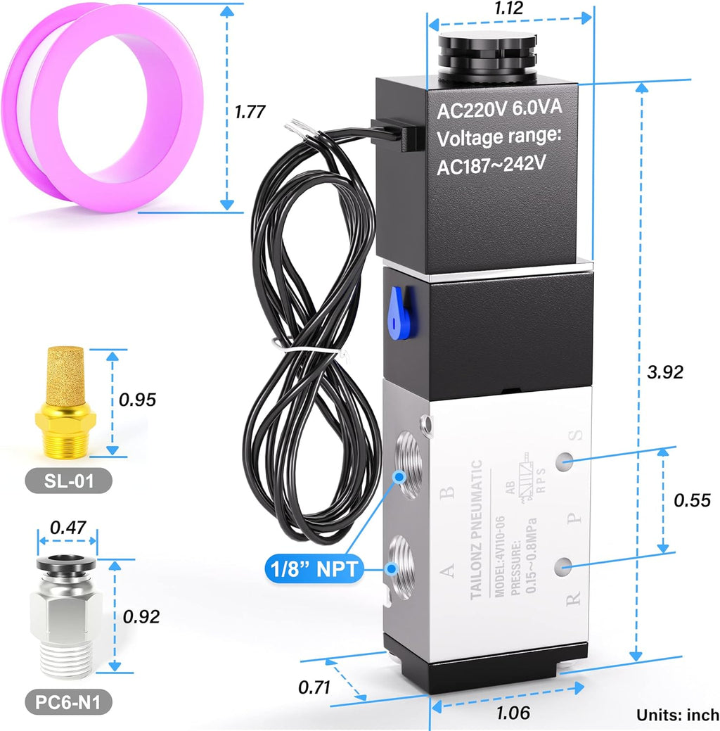 TAILONZ PNEUMATIC 1/8"NPT Solenoid Valve 4V110-06 AC220V Single Coil Pilot-Operated Electric 2 Position 5 Way Connection Type Outlet wire