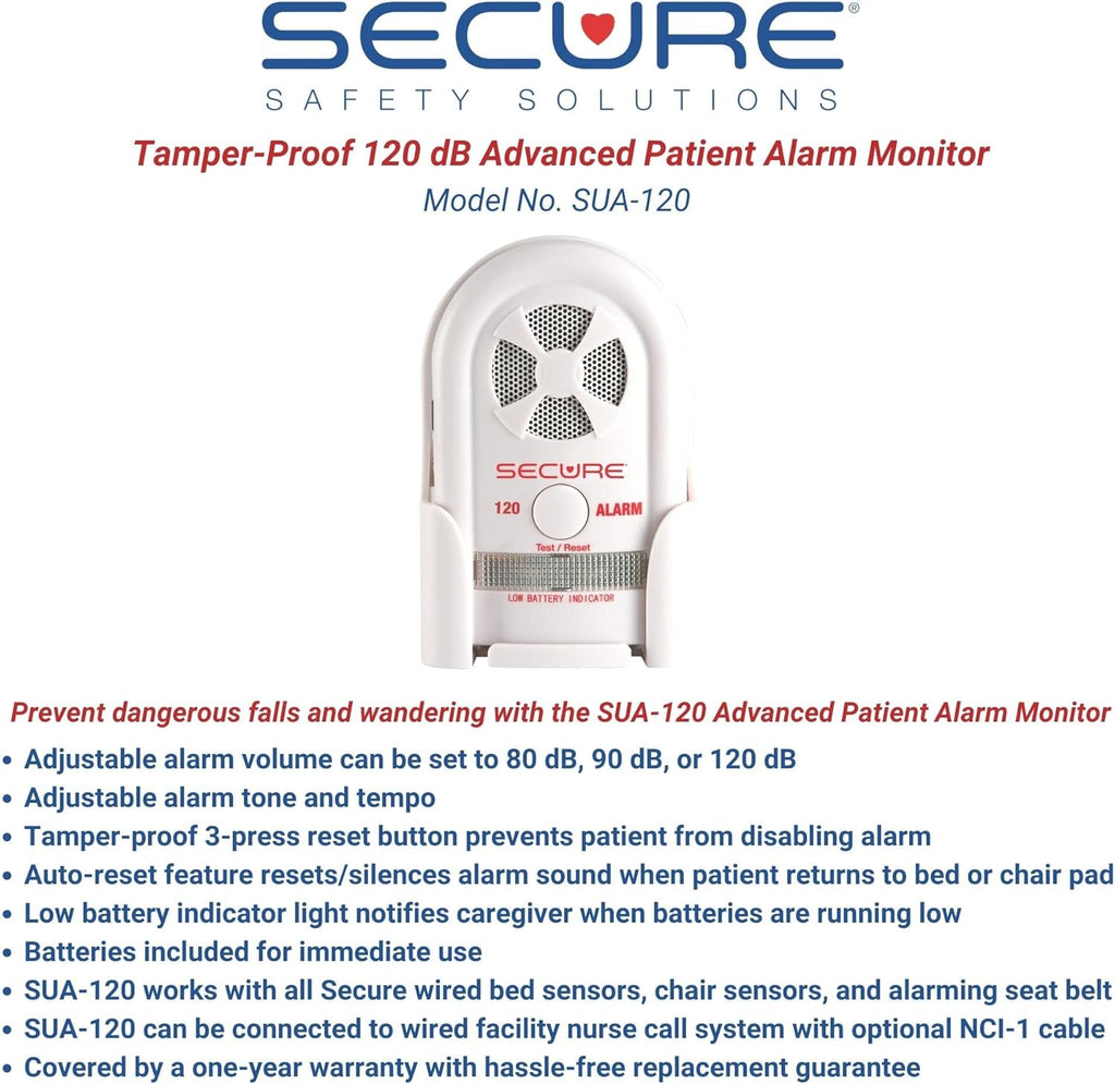 Secure Bed Alarm for Elderly Adults - Long-Term 12 x 30 in. Pressure Sensor Pad, 120 dB Caregiver Alert Monitor & Power Adapter - Smart and Reliable Fall Prevention for Seniors, Dementia Patients