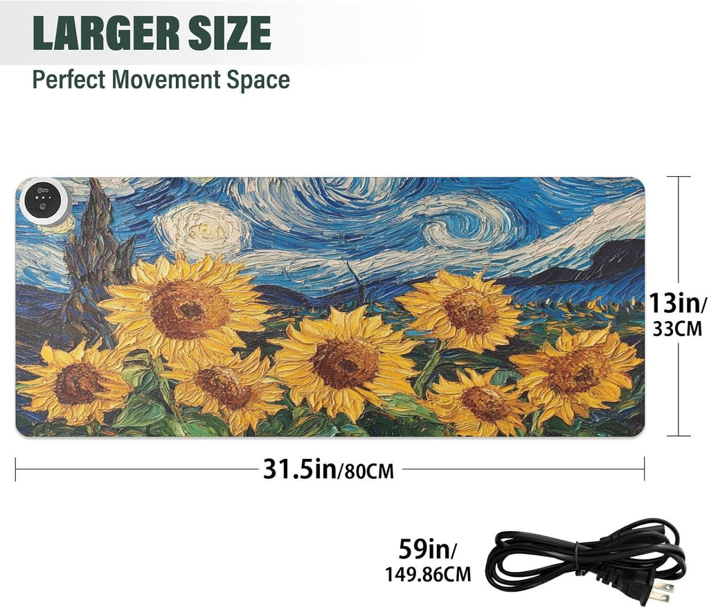 Heated Desk Pad Mouse Pad 31.5x13 Inch PU Leather Desk Mat with 3 Heat Levels Large Mouse Gaming Computer Laptop Mat Starry Night Blue Sunflowers