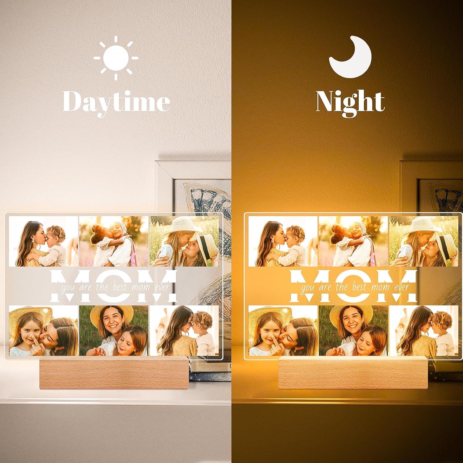 Personalized Gifts for Mom from Daughter Son, Custom Picture Frames with Photos, Customized Photo Frame with Night Light, Personalized Birthday Gifts for Mom Baby Kids Family