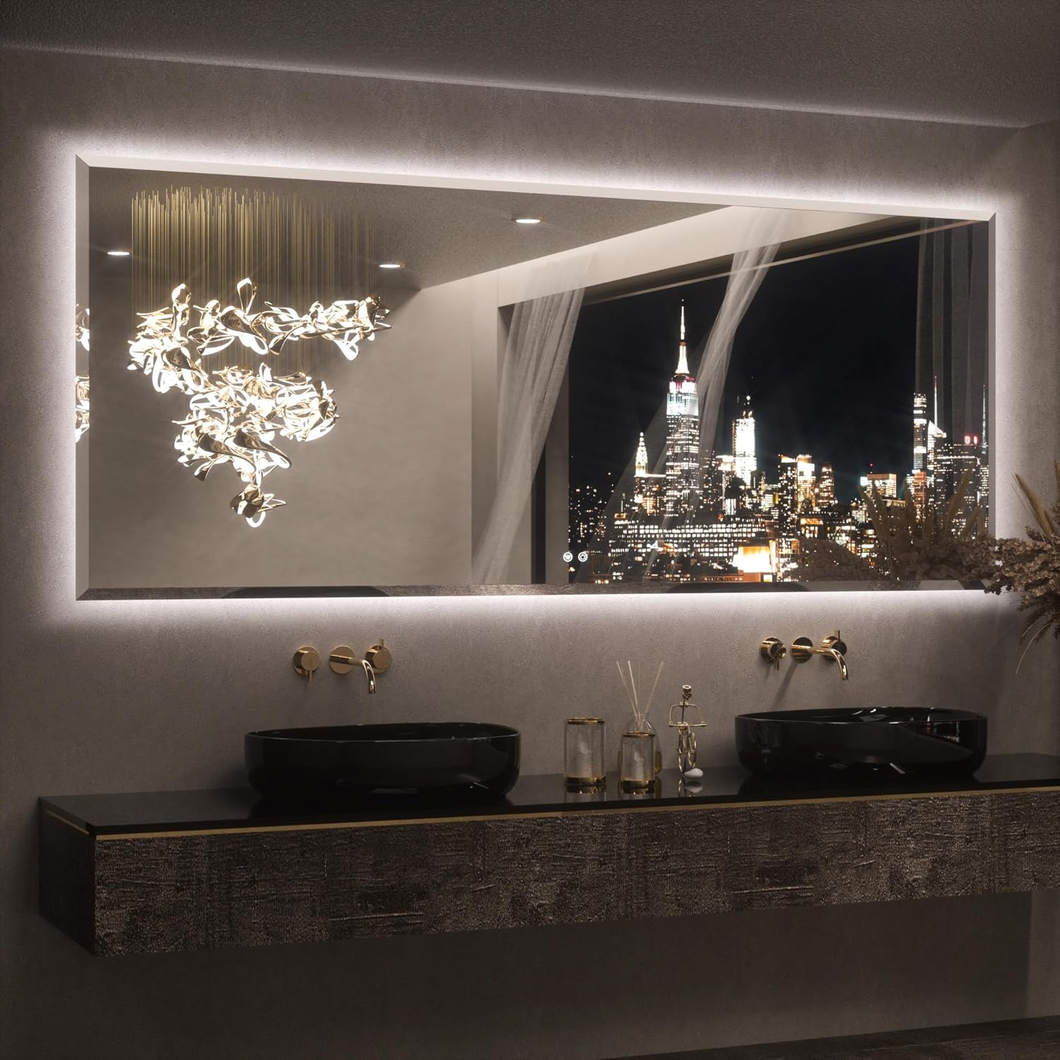 Keonjinn 84 x 36 Inch Oversized Backlit Bathroom Mirror with Lights, Large LED Vanity Mirror for Wall, Frameless Beveled Edge, Tempered Glass, UL-Listed, 3000K/4500K/6500K, Defogging, Dimmable