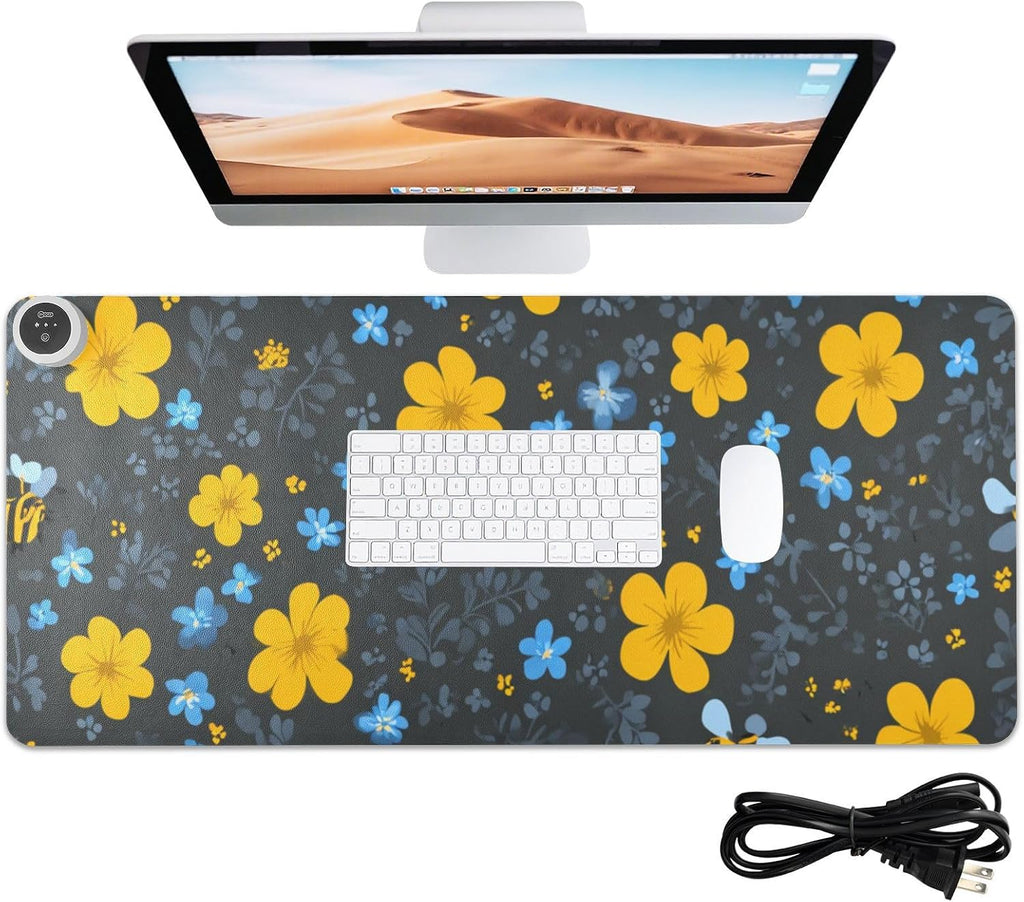 Heated Desk Pad Mouse Pad 31.5x13 Inch PU Leather Desk Mat with 3 Heat Levels Large Mouse Gaming Computer Laptop Mat Blue Floral Fragments and Bees
