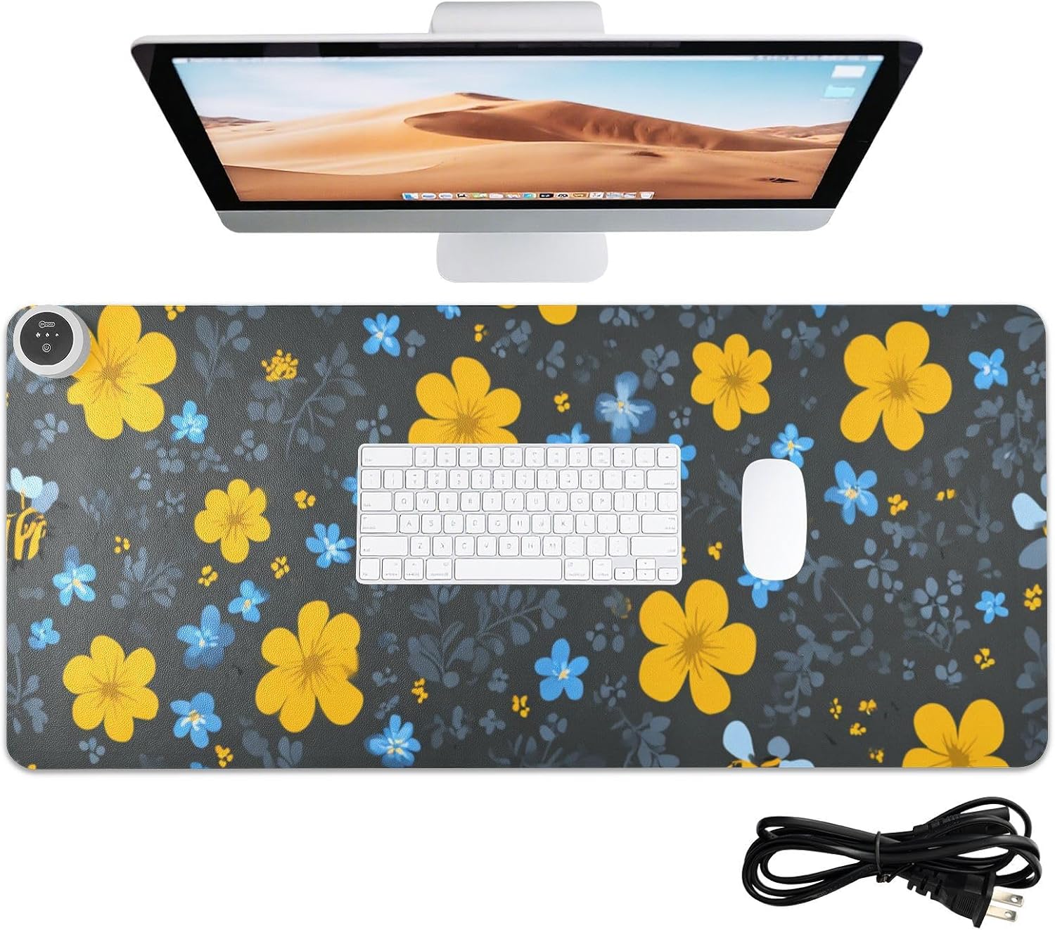 Heated Desk Pad Mouse Pad 31.5x13 Inch PU Leather Desk Mat with 3 Heat Levels Large Mouse Gaming Computer Laptop Mat Blue Floral Fragments and Bees