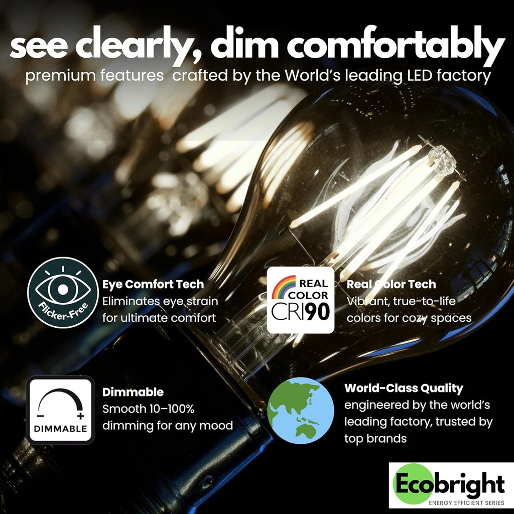EcoBright 8PK Dimmable A19 LED Filament Bulb 40W Equivalent 5W E26 Base 450 Lumens CRI90 Flicker Free Clear Glass Energy Star Title 20 Daylight 5000K for Lamps Ceiling Fixtures and Indoor Use