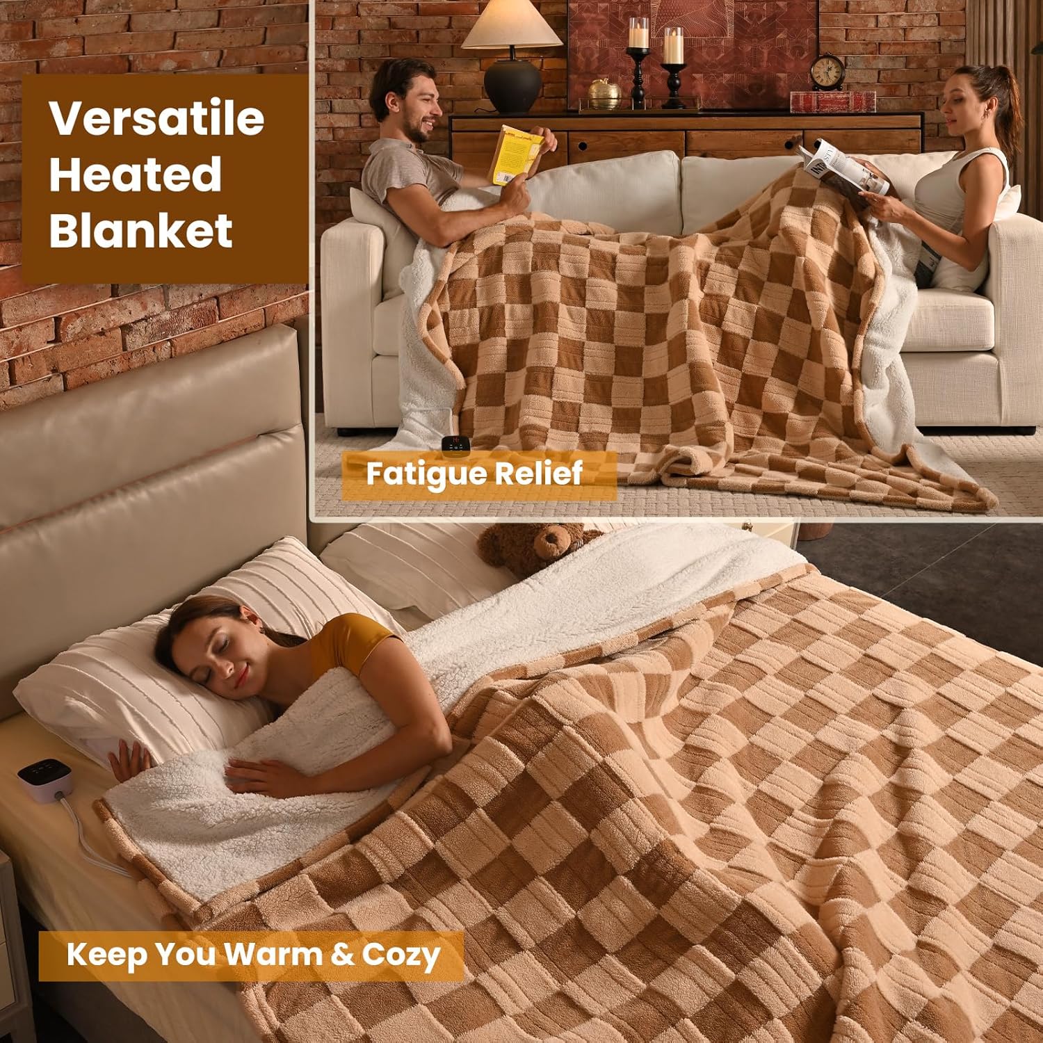Bearhug Electric Blanket Full Size 77" x 84", Reversible Brown Plaid Sherpa Heated Blanket, 10 Heating Levels & 1-12H Auto Off, ETL Certified, Machine Washable, Gift Box