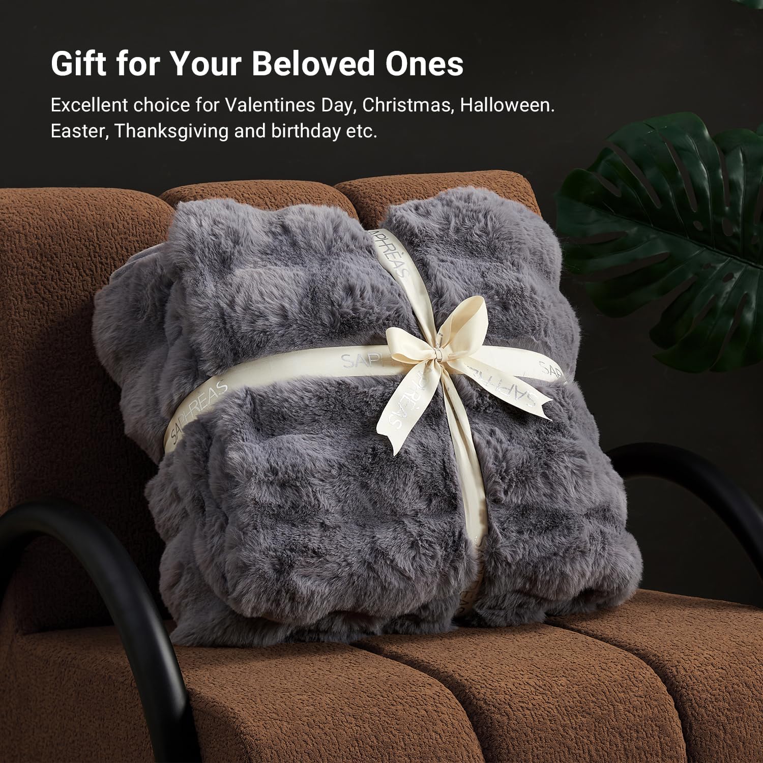 SAPHREAS Faux Fur Throw Blanket for Couch, Fluffy Fuzzy Bubble Blanket for Sofa Bed Living Room, Grey Decor Soft Cozy Gifts for Women Men, 60x80” Gray