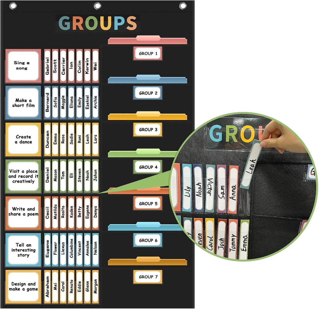REGELETO Boho Small Group Management Pocket Chart with 114 Cards, Large Size 46 x 26.3 inch Classroom Small Group Organizer for School Teacher Homeschool Learning Supplies (Black)