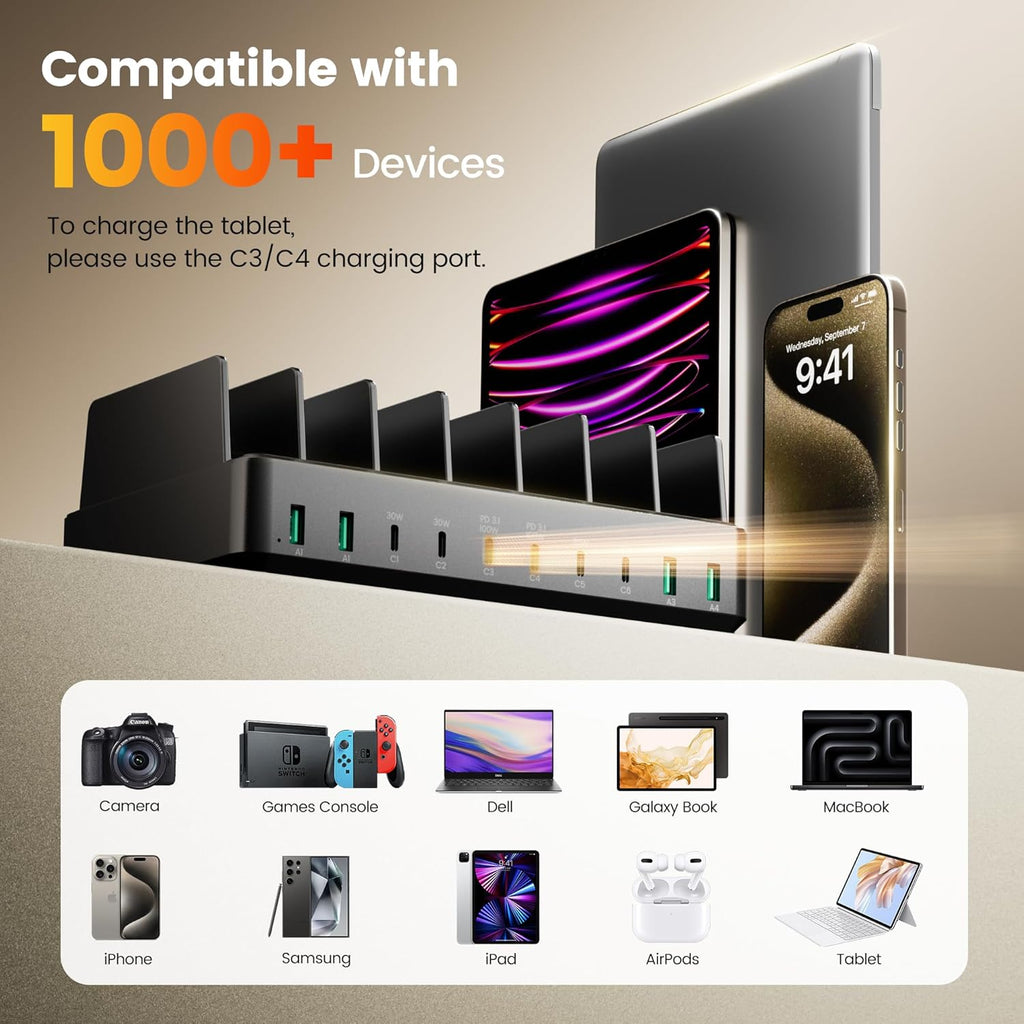 400W Charging Station for Multiple Devices,Dual PD 100W Multi USB C Charging Station with 8 Cable,10 Port Charger Station for MacBook iPhone iPad Laptop Cell Phone Android Tablet-Black