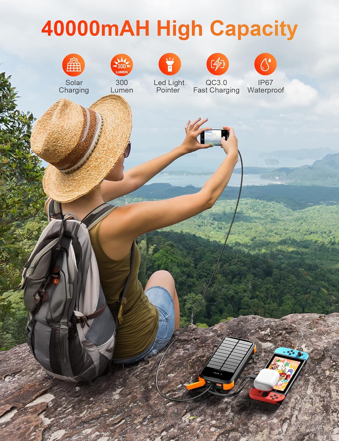 Solar Power Bank 40000mAh, Portable Charger PD 20W Fast Charging Solar Charger Power Bank Built in 4 Cables and USB-C in/Output, Camping Essentials External Battery Pack with Flashlights