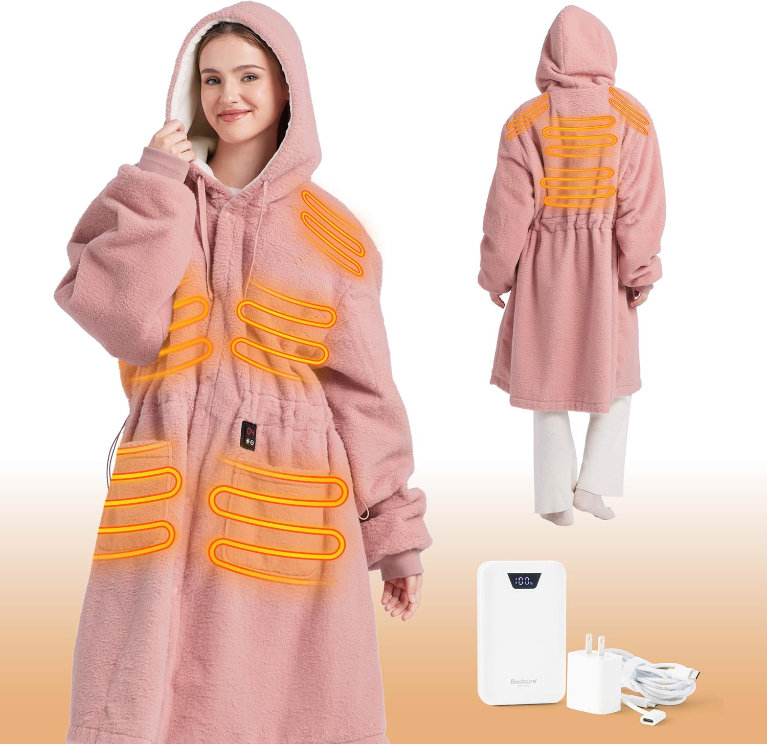 Bedsure Cordless Heated Wearable Blanket Hoodie - Faux Cashmere Electric Blanket with 20000mAh Battery Pack, Portable USB Heated Throw, Winter Gifts for Women, 4 Heat Levels & 4 Timers, 22"x43", Pink