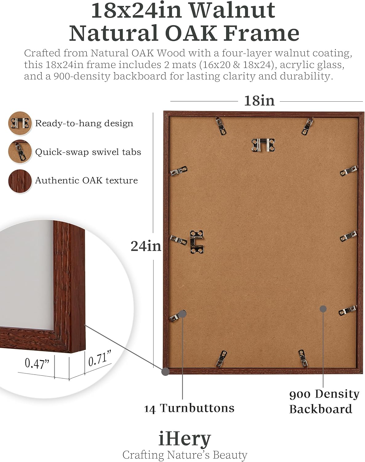 iHery Standard 18x24in Premium Truly Natural OAK Wood Walnut Color Picture Frame with 2 Mats (16x20,18x24), Acrylic Glass Thickened Backboard, Minimalist Photo Frames Narrow Border Set of 1