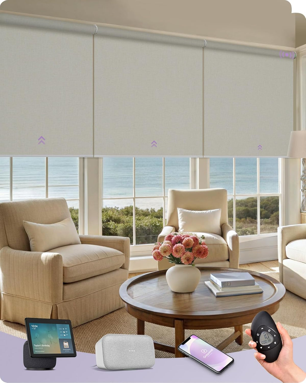 Graywind Smart Coupled Roller Shades Compatible with Alexa Google Custom Size Extra Large Motorized Blinds for Windows(Beige White)
