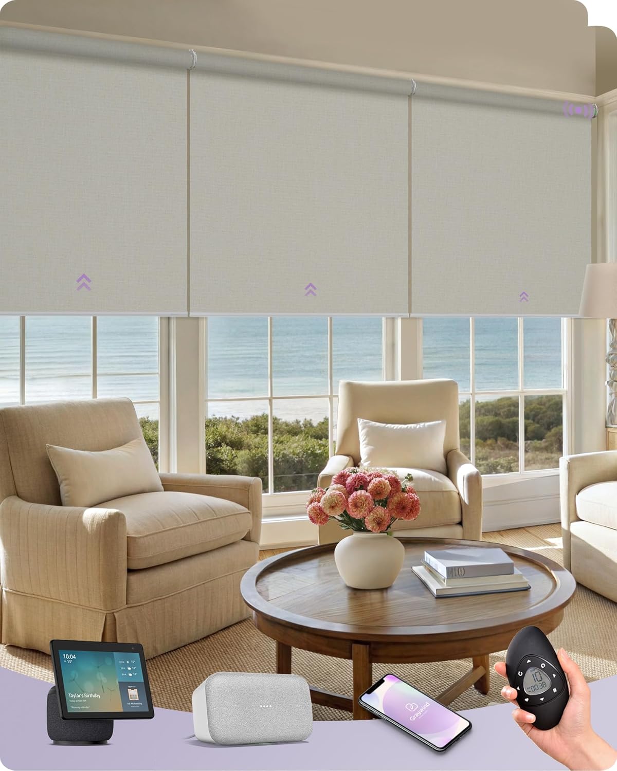 Graywind Smart Coupled Roller Shades Compatible with Alexa Google Custom Size Extra Large Motorized Blinds for Windows(Beige White)