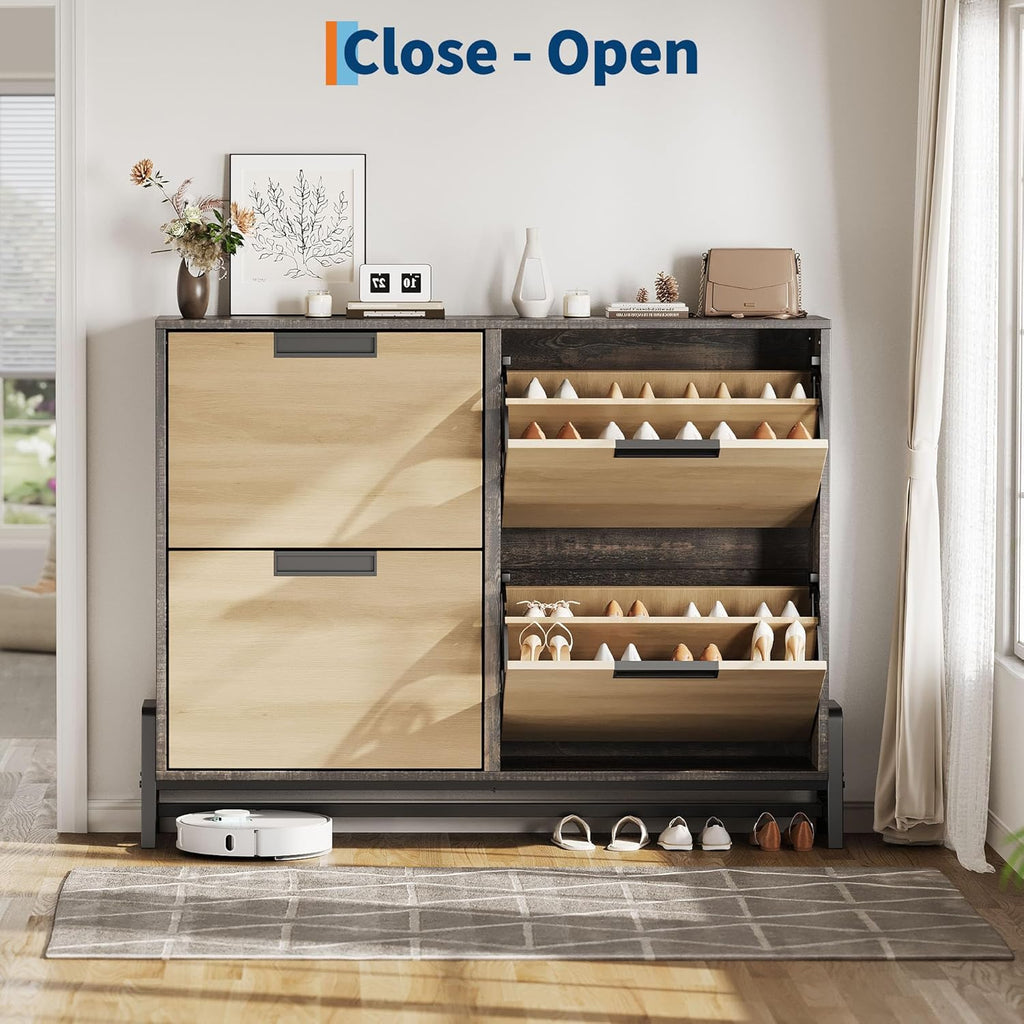 CABIHOME Shoe Cabinet Storage for Entryway, Narrow Shoe Organizers with 4 Flip Drawers, Freestanding with Metal Legs, Large Shoe Rack with 3-Tier Adjustable Shelves for Hallway, Living Room, Oak