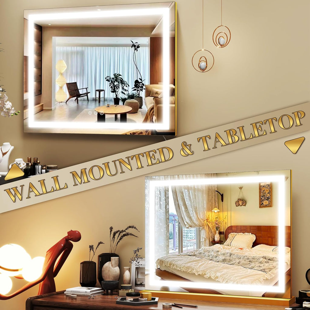 ROLOVE Gold Vanity Mirror with Lights 23x18 Inch, 3-Color Dimmable LED & Touch Control - Large Makeup Mirror for Dressing Room (Wall/Tabletop Mount)