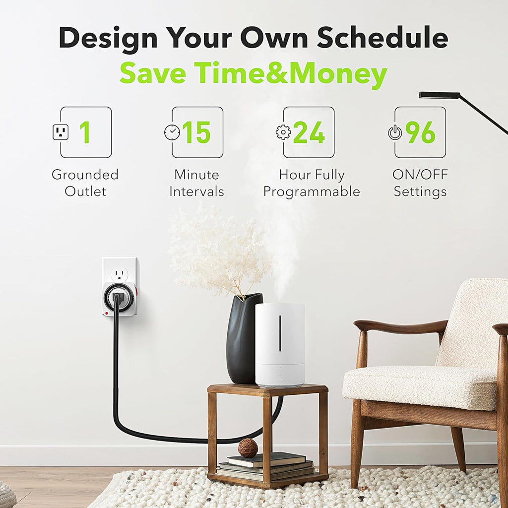 BN-LINK 24-Hour Plug-in Mechanical Timer, Heavy Duty Outlet Timer Indoor with 15-Minute Intervals, 3-Prong Plug for Aquariums, Grow Lights, Hydroponics, Indoor Lighting, ETL Listed, 1-Pack