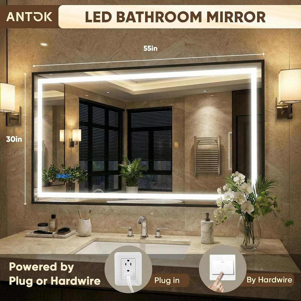Antok 55X30 LED Bathroom Mirror with Lights, Vanity Mirror for Wall with Black Frame, Touch Control, Anti-Fog, Dimmable Lights, Shatter-Proof, Memory Function, Wall-Mounted Vanity Mirrors