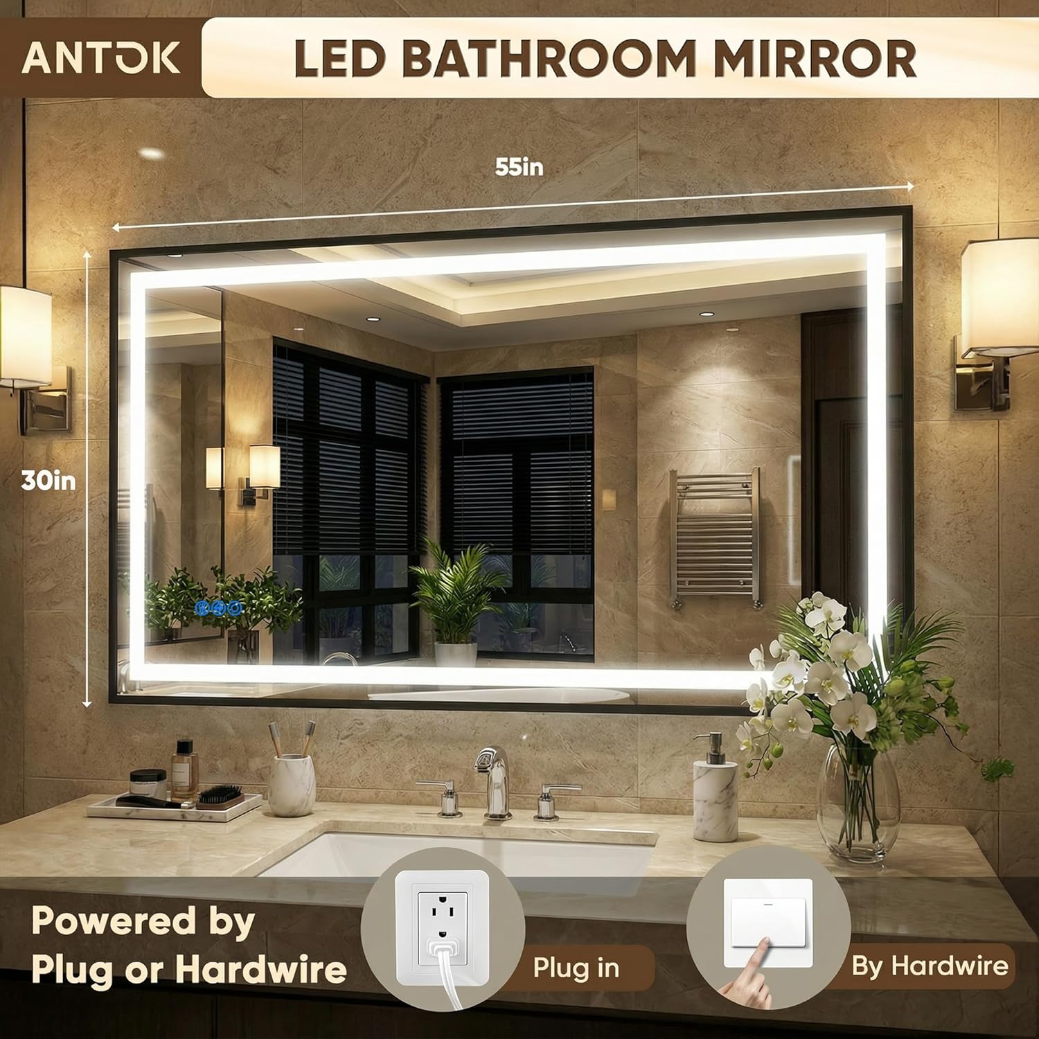 Antok 55X30 LED Bathroom Mirror with Lights, Vanity Mirror for Wall with Black Frame, Touch Control, Anti-Fog, Dimmable Lights, Shatter-Proof, Memory Function, Wall-Mounted Vanity Mirrors