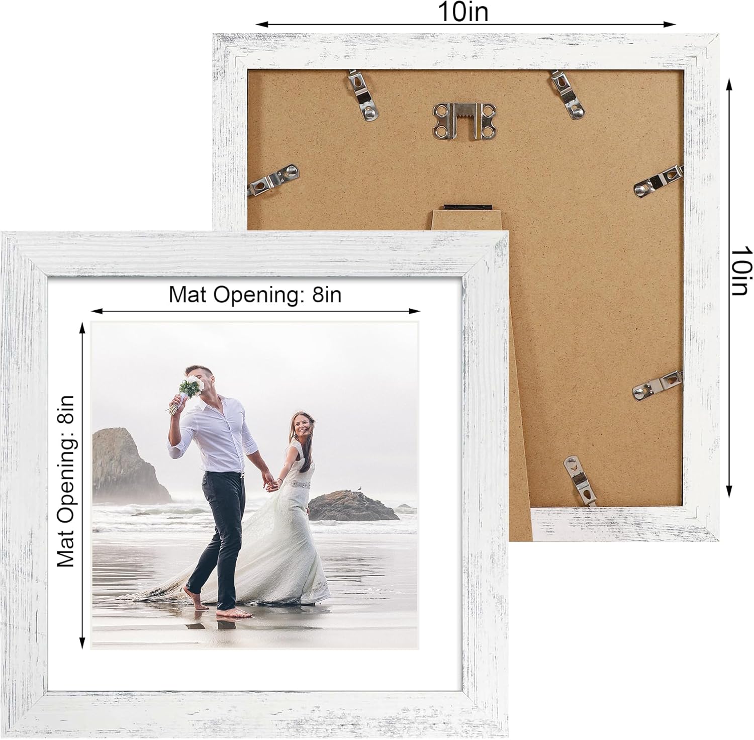 iRahmen 10x10 Picture Frame Set of 4 with Real Glass, Distressed White Frame Display 8x8 Pictures with Mat or 10 x 10 Without Mat, Wood Square Photo Frame for Wall Mount and Tabletop Display