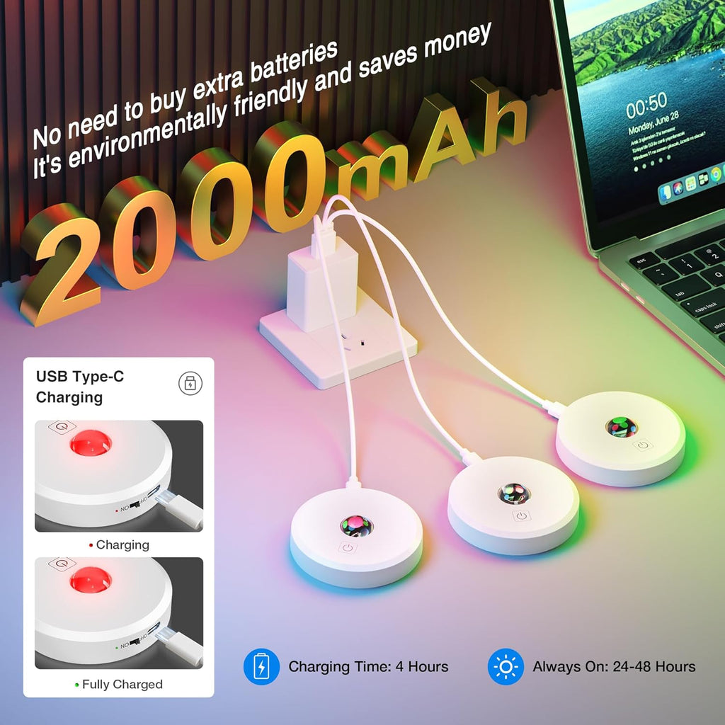 RGB Puck Lights with Remote Control, 2000mAh Battery Operated Tap Lights Rechargeable, 9 Colors & 2 Dynamic Changing Under Cabinet Lighting, Magnetic Stick on Light for Closet(White, 3 Pack)