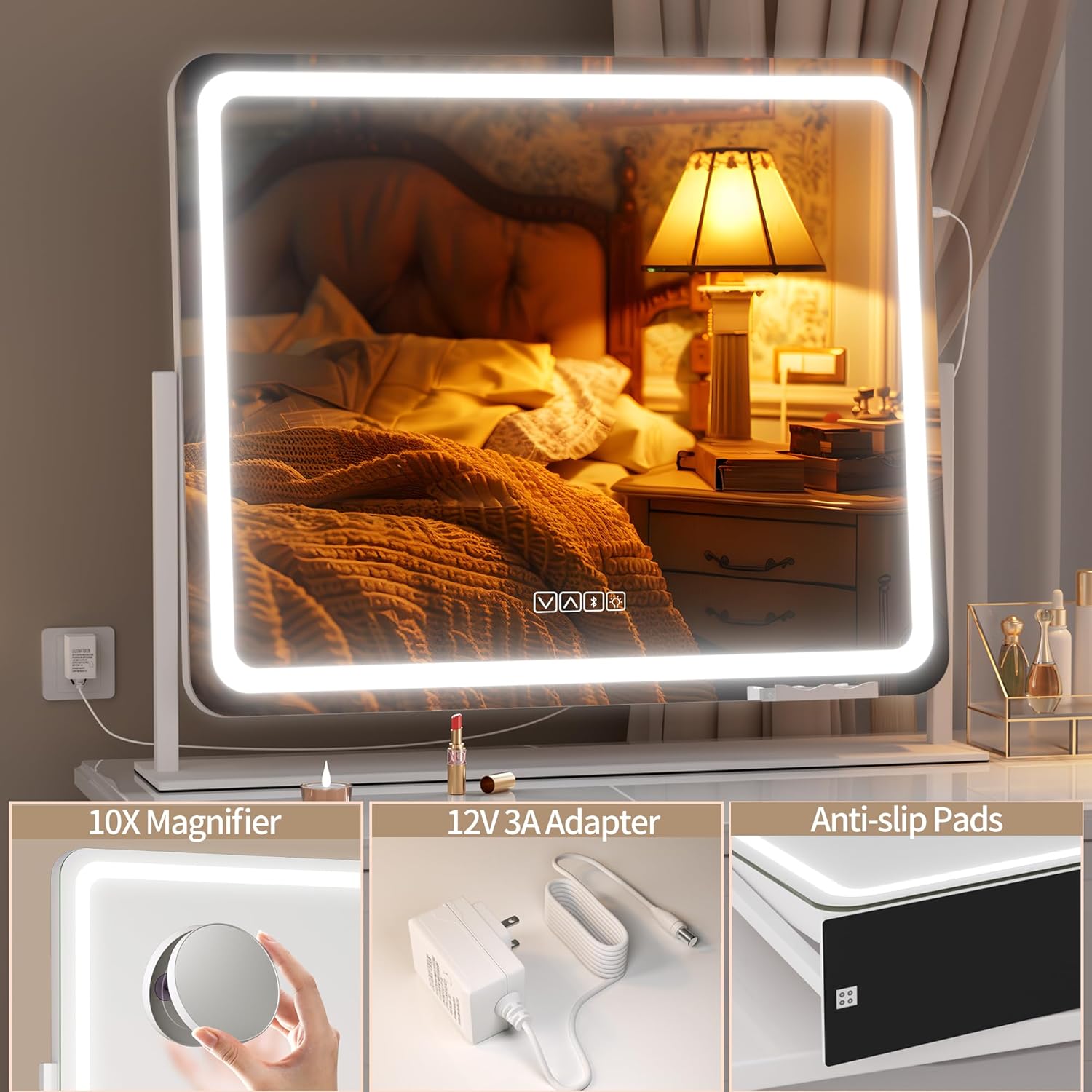Hasipu Vanity Mirror with Lights and Bluetooth Speaker, 23.6" x 19.7" LED Makeup Mirror, Light up Mirror with 10X Magnification, USB Charging Port, Smart Touch 3 Colors Dimmable (White)