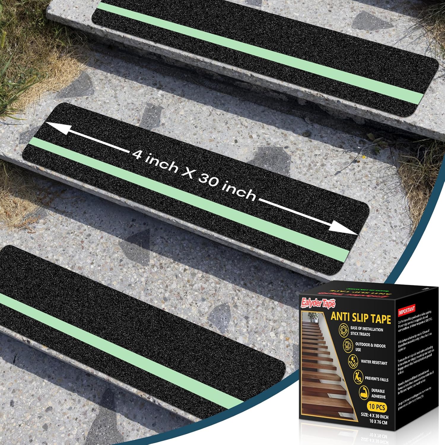 10 Pack 4” x 30” Anti Slip Traction Treads with Glow in The Dark Stripe, Outdoor Waterproof Non Skid Pre-Cut Tape with Roller, High Traction Friction Abrasive Adhesive for Stairs Step