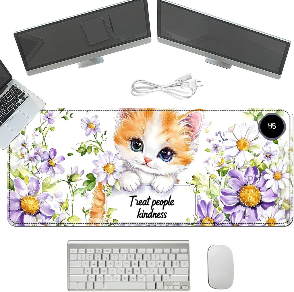 Heated Mouse Pad with 3 Temperature Settings(104°F–122°F),Large 31.5x13 Inch PU Leather Heated Desk Mat,Waterproof Warming Pad for Office,Gaming & Cold Hands Relief,Cute Cat Flower