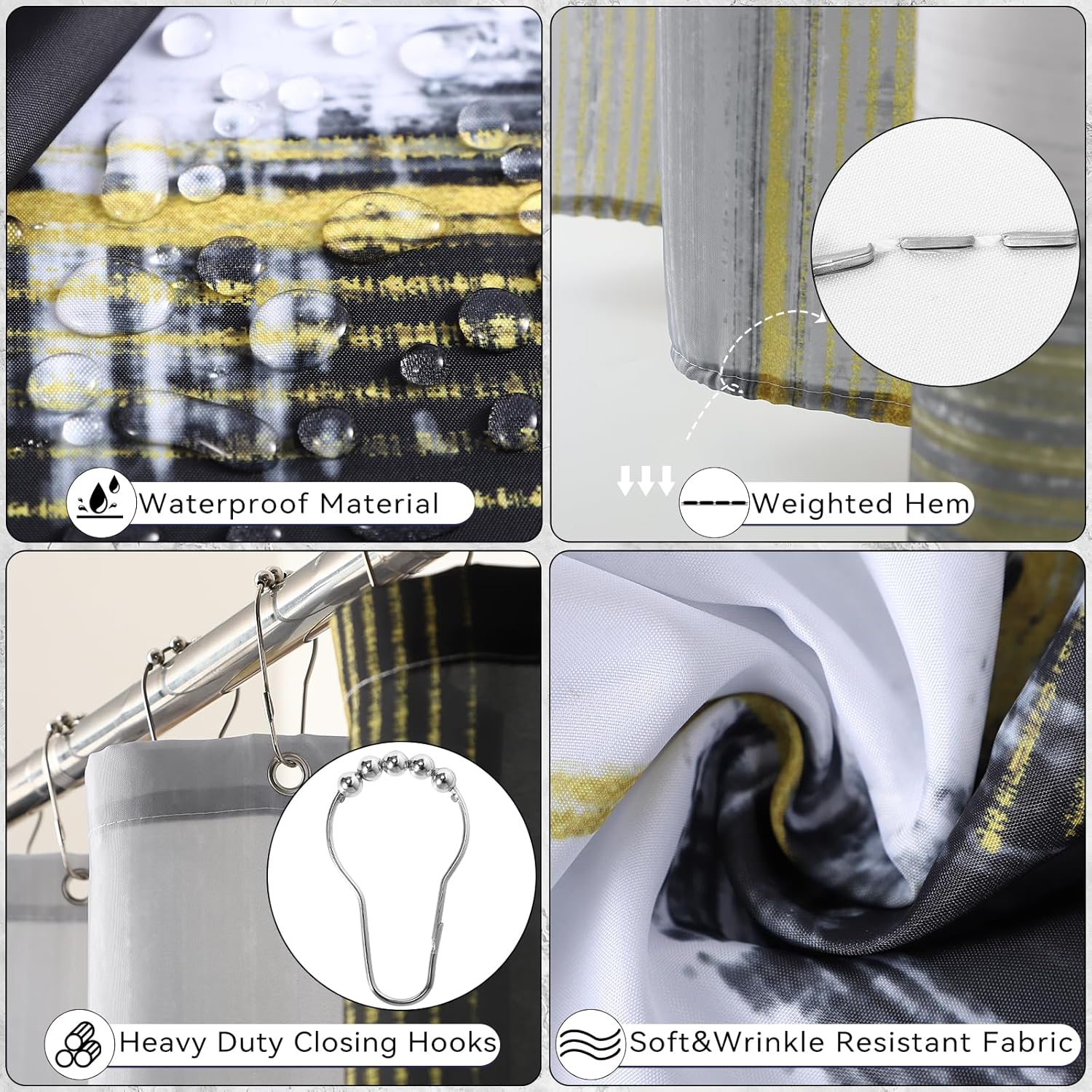 Black and Gold Bathroom Accessories Set, Bathroom Sets with Shower Curtain, Black Bathroom Accessories with Trash Can, Soap Dispenser, Soap Dish, Toilet Brush Holder, Qtip Holders for Bathroom