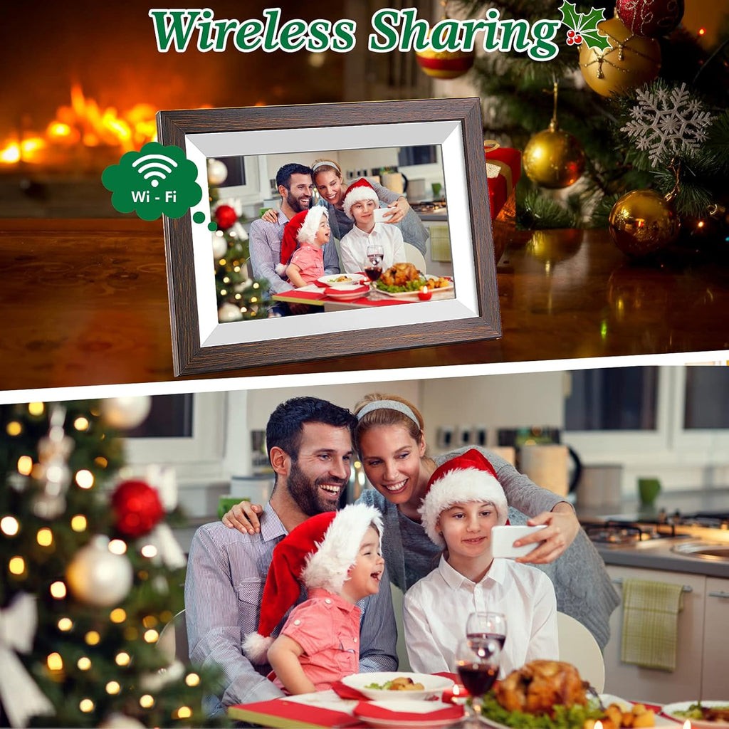 Frameo-Digital-Picture Frame 10.1 Inch Electronic-Digital Photo Frame with IPS Touch Screen HD Display, Smart WiFi Photos or Videos Farme via Free Frameo APP (Brown Wood Frame)