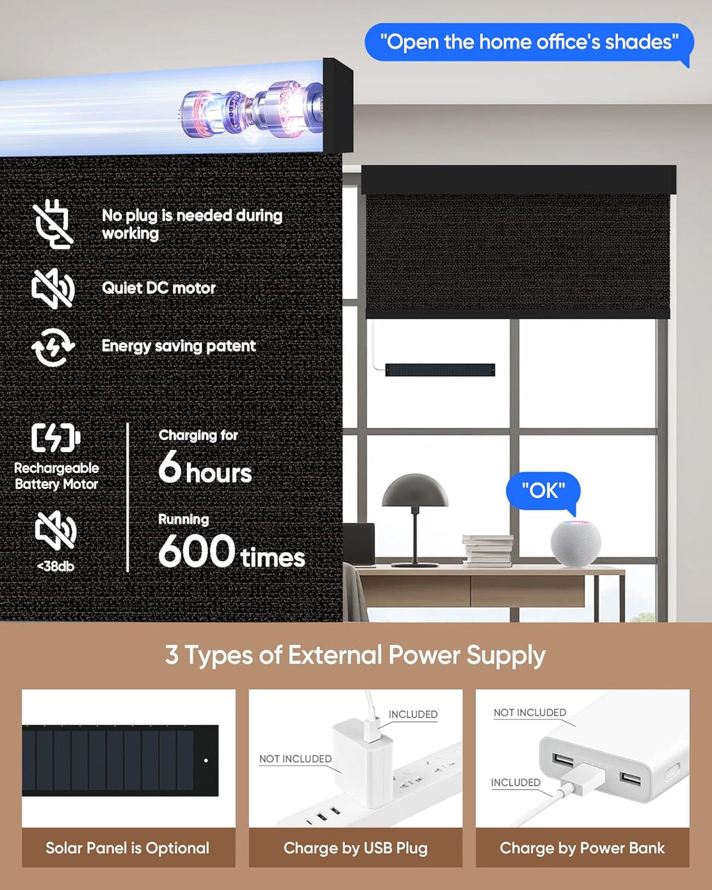 Kincmo Motorized Blinds with Remote,100% Blackout Motorized Roller Shades Work with Apple Homekit,Alexa,Google, Custom Electric Blinds with App,Voice Control (Eclipse Black)