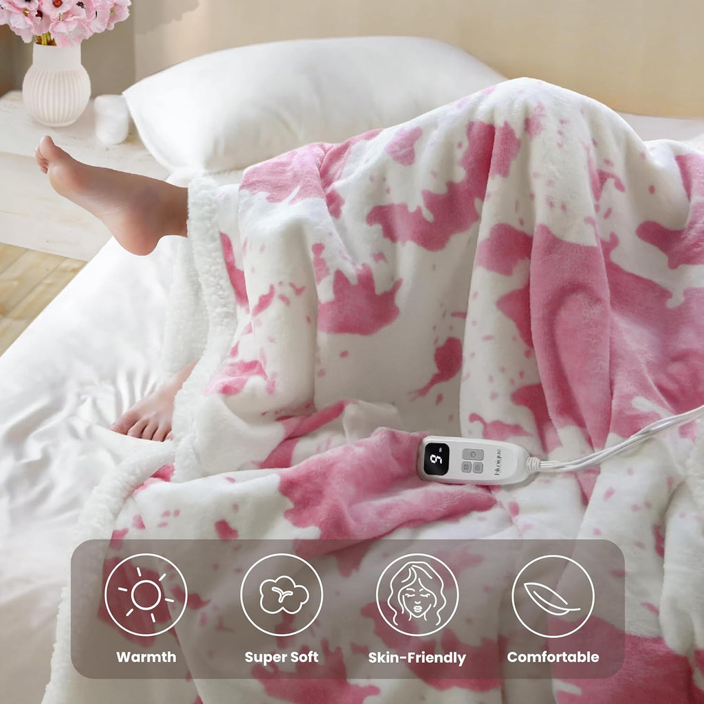Cow Print Heated Blanket Full-Heating Electric Blanket Full with 10 Heat Levels & 10 Hours Auto-Off, Cozy Soft Fleece Sherpa, Washable, 72 x 84 Inches Cow Print Pink