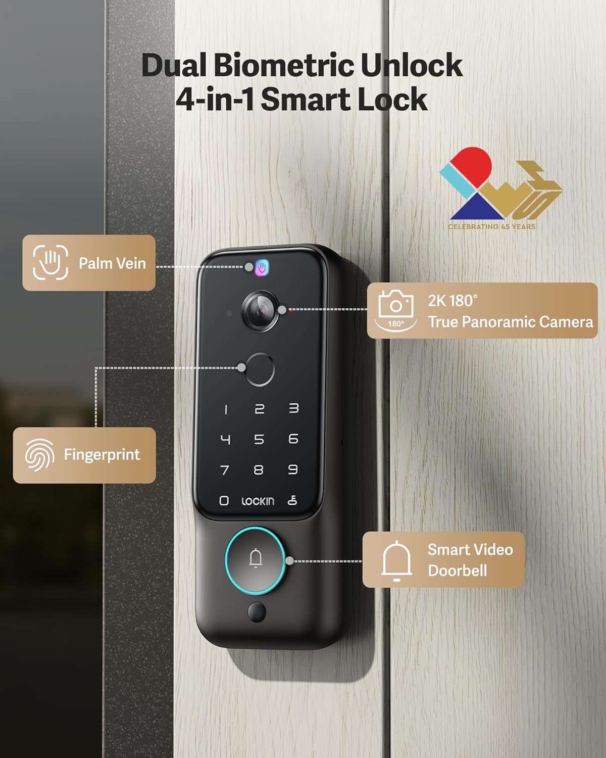 Lockin Veno Plus Smart Lock with 2K 180° Security Camera & Video Doorbell, AI Local Storage, Palm Vein/Fingerprint Keyless Entry Door Lock, Smart Locks for Front Door Bulit in Wi-Fi, App Control