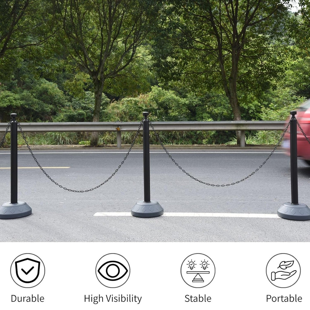 6 Pack Traffic Delineator Post Cones with Plastic Chain Crowd Control Barriers - Expandable 40" Traffic Control Cones, 6 x 6.6 Ft Chains for Indoor & Outdoor Use (Black-Water Filled Base)